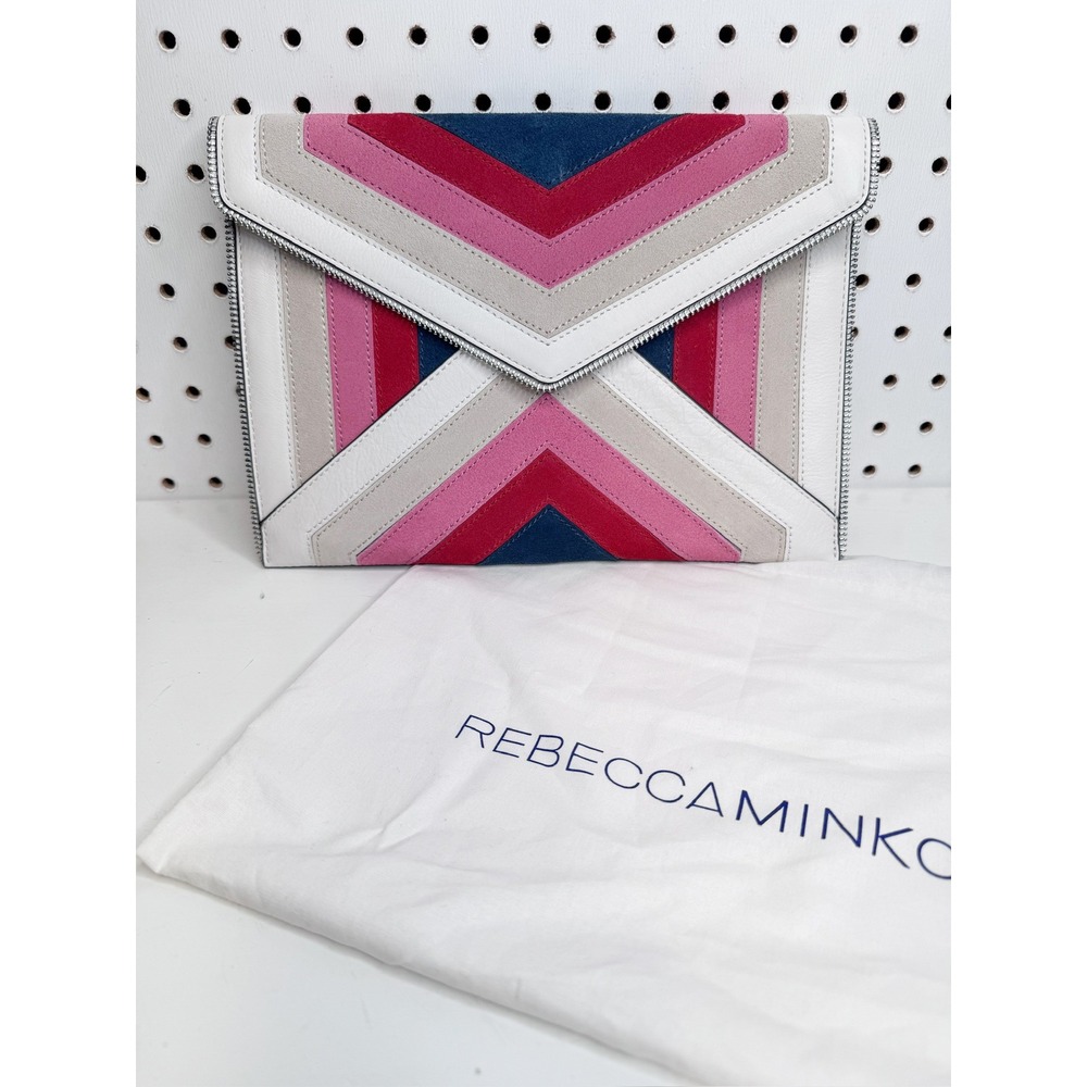 Rebecca Minkoff | Leo Clutch Pink Multi Chevron Leather Suede Bag HS18LCPC17 NEW